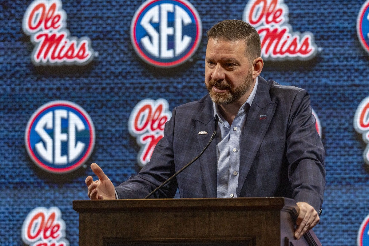 Ole Miss Rebels men's basketball coach Chris Beard speaking during 2023 SEC Media Days.